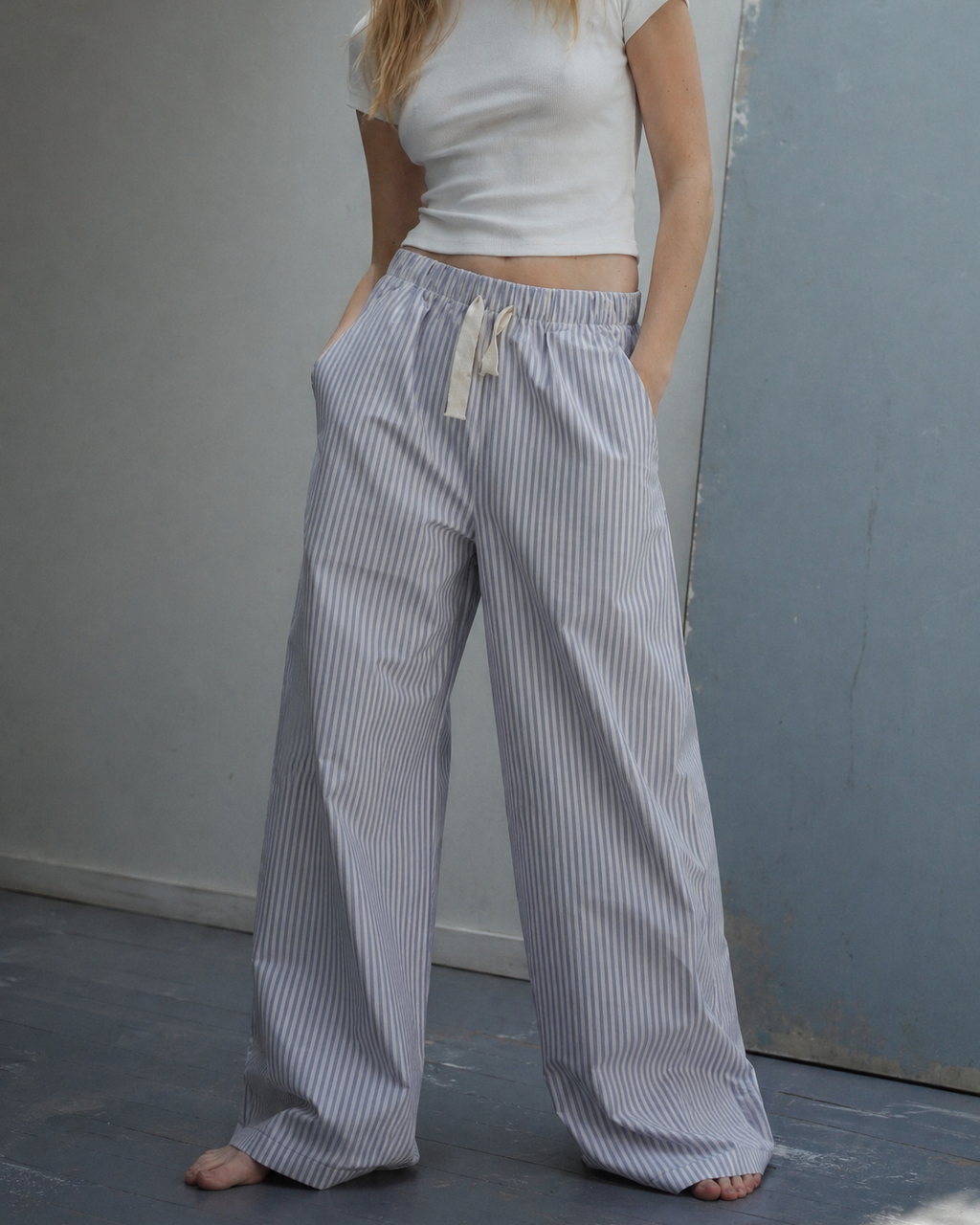 Blue Striped Wide-Leg Pants